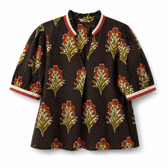 THML Tops - THML Block Print Floral Ruffle Neck Puff Sleeve Top Women's Medium Boho